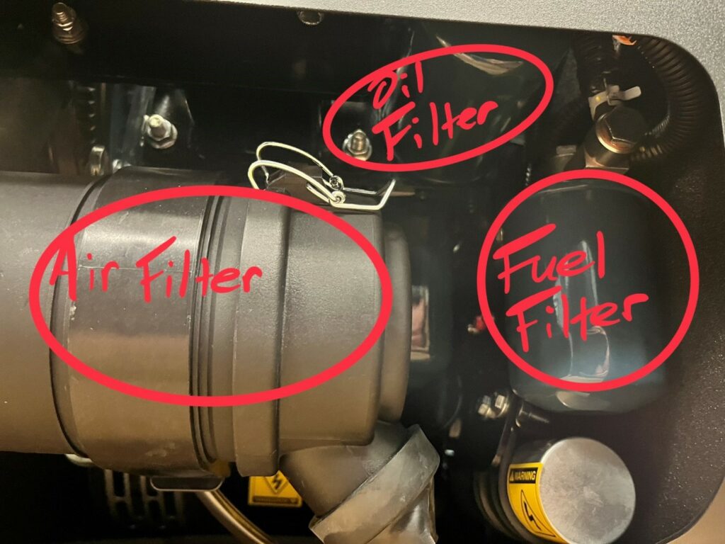 Bottom of the Power Unit on a Carrier APU showing the Air Filter, Oil Filter and the Fuel Filter